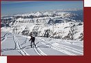 Dolomity, Marmolada, skialpinistka na ledovci se Sellou v pozad