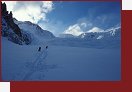 Ledovcem Grenzgletscher se stoup vlevo, pi pat jinch rozsoch Dufourspitze. Na horizontu uprosted Parrotspitze (4436 m)