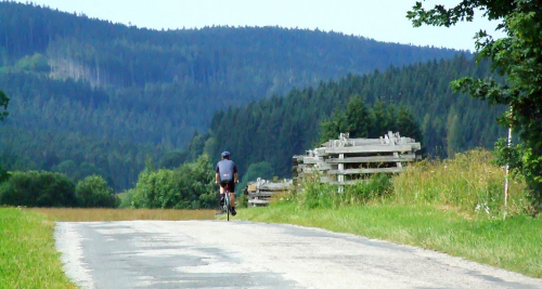 Cyklista jede z Hojné Vody do Černého Údolí, v Novohradských horách.