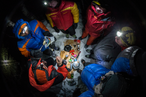 Dinner time during the Red Bull 7 Giants project located north of the Ural mountains in the Troitsko-Pechorsky District, Komi Republic, Russia.
