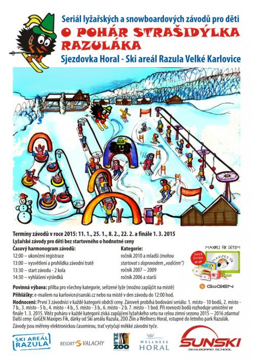 Velké Karlovice pořádají dětské lyžařské závody O pohár strašidýlka Razuláka.