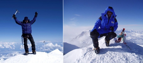 Miroslav Caban na vrcholech Denali / Mount McKinley (6190 m) - vlevo - a Mount Vinson (5140 m) - vpravo.
