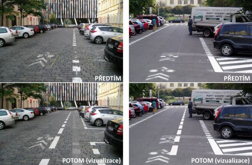 Praha Karlín: Náhrada piktogramů vyhrazenými pruhy posune cyklisty vpravo, těsně za parkující auta.