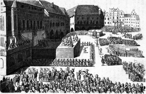 Poprava 27 českých pánů 1621 na Staroměstském náměstí v Praze.