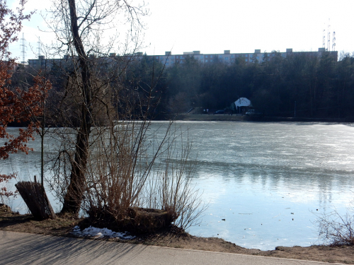 Hamerský rybník v Záběhlicích teprve zamrzá.