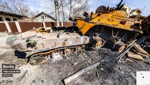 Ukrajina, Buča. Zničené ruské obrněné vozy.