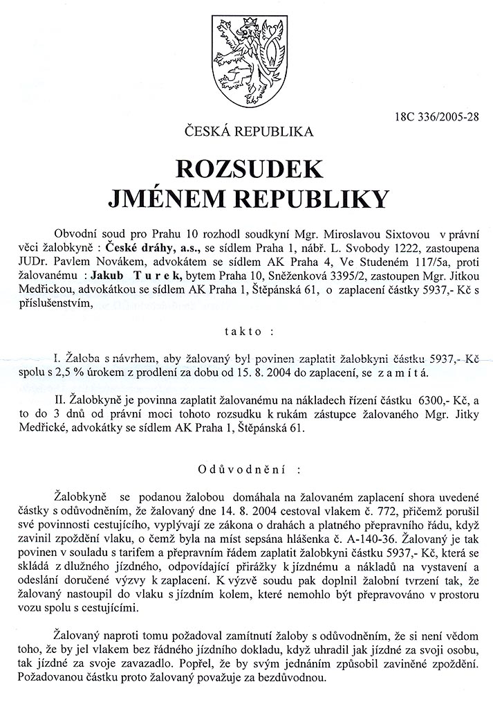 České dráhy versus Jakub Turek
