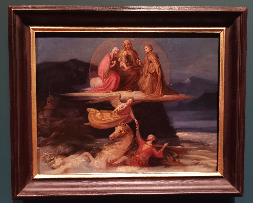 Karel Purkyně: Zachránění Petra Voka konec 50. let 19. století. Výjev zázračné záchrany Petra Voka z Rožmberka z rozvodněné Vltavy je zmenšenou kopií plátna, které namaloval Josef Vojtěch Hellich dle staré fresky pro klášterní kostel ve Vyšším Brodě. Petr Vok založil Vyšebrodský klášter 1259 jako poděkování Bohu za svoji spásu. Původ legendy je zřejmě v bitvě u Mühldorfu na řece Inn mezi Rakouskem a Bavorskem 1257, kde Petr Vok bojoval.