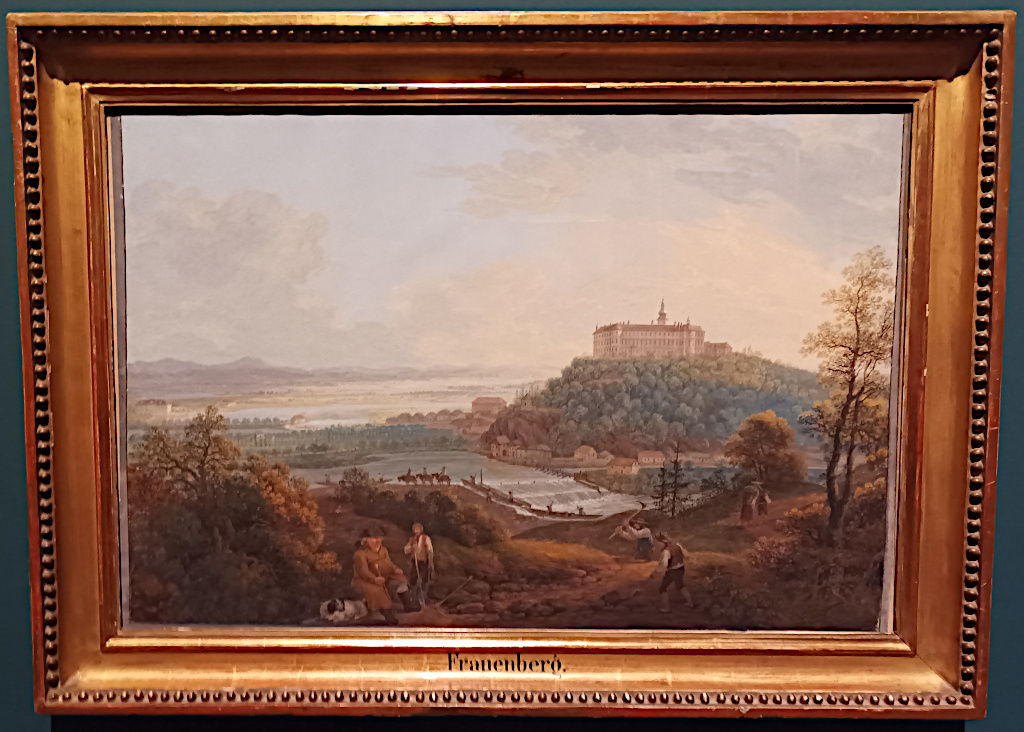 Ferdinand Runk: Pohled na kaskádový je u Hluboké nad Vltavou / Frauenberg 1804. Obraz objednaný Josefem II. Schwarzenbergem zobrazuje zámek před romantizující novogotickou přestavbou.