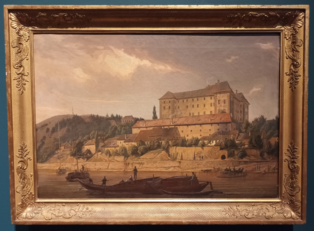 Karel Robert Croll: Pohled na zámek Nelahozeves od Vltavy kolem 1841. Po řece plují dvě lodě typu Zille, které se stavěly v jižních Čechách po 1830. Bryčku převáží převozník na prámu.