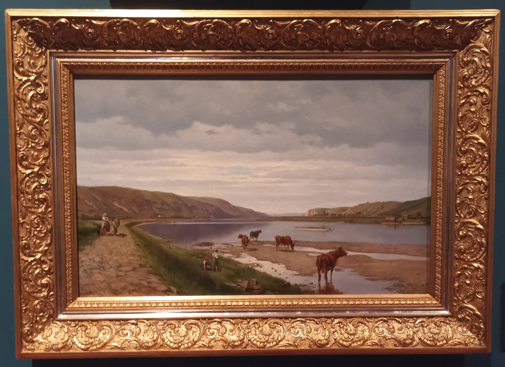 Bedřich Havránek: Na břehu vltavském. Vltava u Chuchle 1875. Vlevo vede dlážděná potahová stezka sloužící k tažení lodí proti proudu.