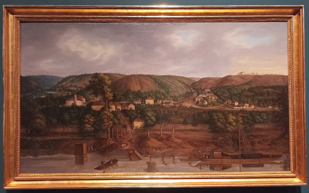 Jan Dominik Kottula: Roztoky od Vltavy 1840. Po řece pluje vltavský šíf a přívoz je zajišťován prámem.