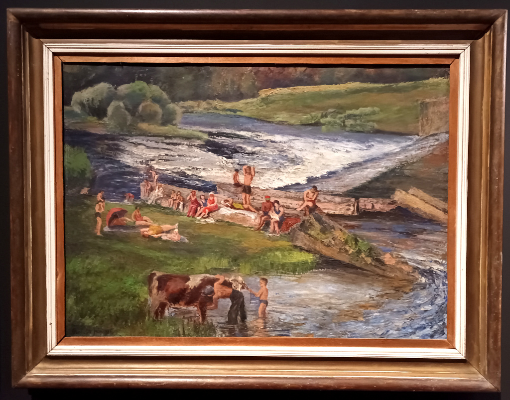 Jiří Probošt: Na Vltavě 1936. Jez pravděpodobně stojí na Vltavě podblíž trampské osady Údolí sporů nebo též U Rybů dva kilometry nad Boršovem.