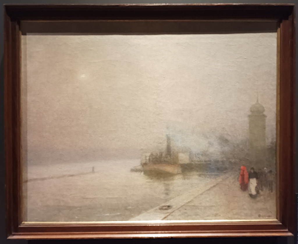 Jakub Schikaneder: Na nábřeží 1910-1920. Přístaviště nad Šítkovským jezem v Praze - parník Pražské paroplavební společnosti, vor, lodní úvaz.