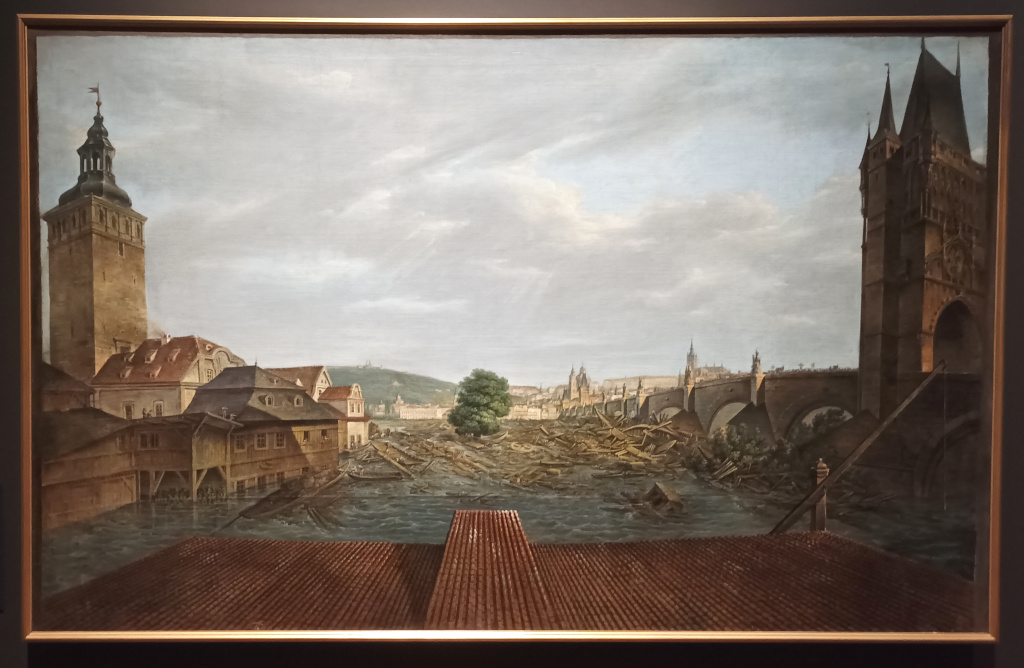 Karl Postl: Povodeň v Praze 1784. Obraz byl namalován okolo roku 1800. Zachycuje Křižovnické náměstí, Vltavu, Karlův most a Staroměstskou vodárenskou věž.