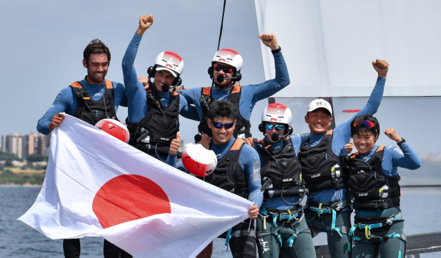 Team Japan celebrate stunning win at SailGP in Taranto