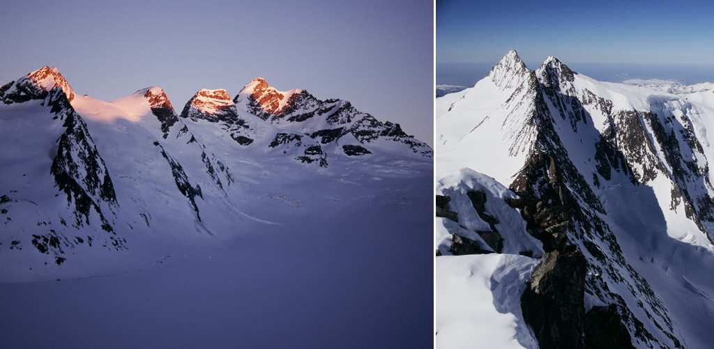 Ranní výhled z terasy Konkordia směrem k Jungfrau (vlevo). Horní část ledovce Fiescher z vrcholu Grünhorn.