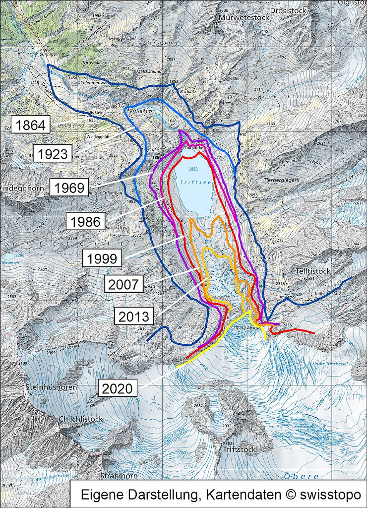 Triftgletscher. Ledovec se zmenšuje od roku 1864.
