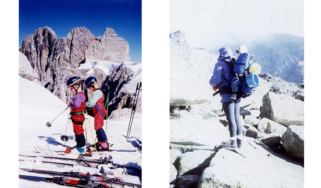 Vlevo: Malí skialpinisté se chystají na jarní výstup na Dachstein. Vpravo: V nosítku a s nočníkem na Rysech ve Vysokých Tatrách.