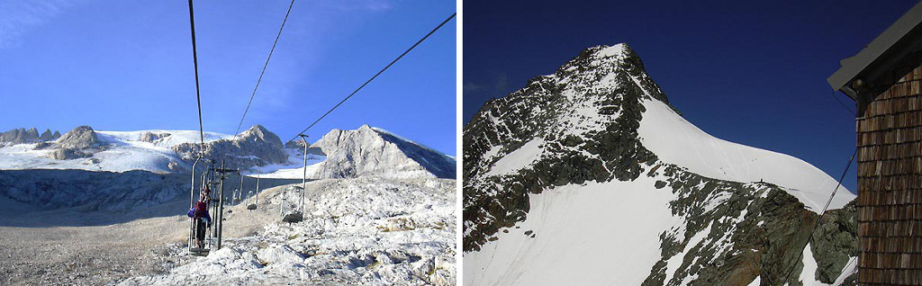 Výstup na Marmoladu (3344 m) urychluje lanovka a výstup na Grossglockner (3798 m) ulehčuje chata pod vrcholem.