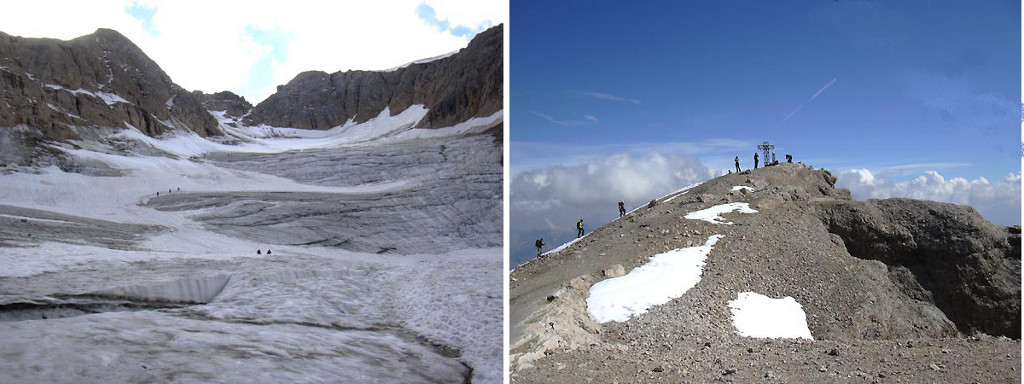 Marmolada, ledovec na Normální cestě (vlevo) a vrchol (vpravo).