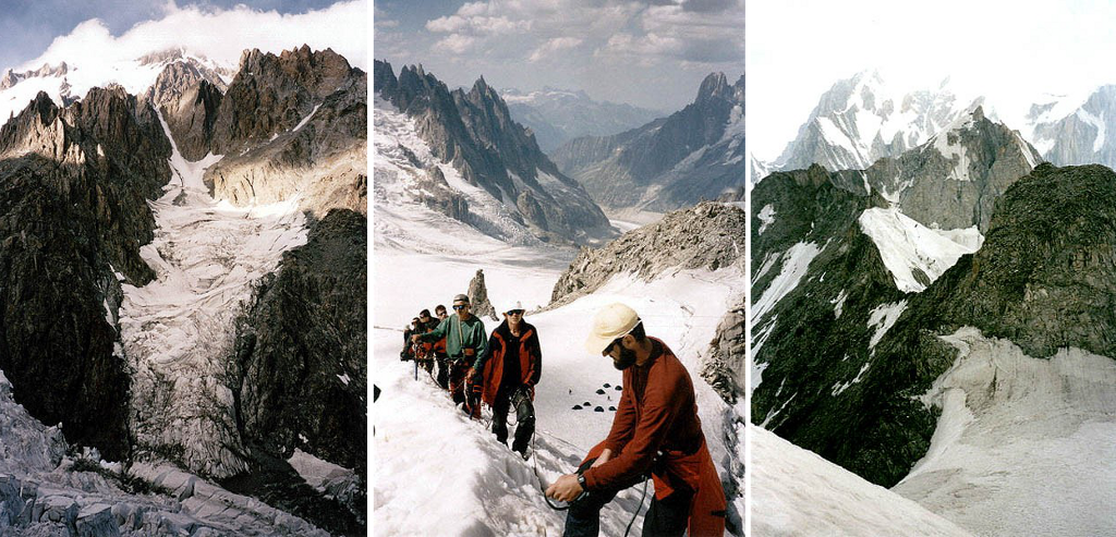 Ledovec du Mont Blanc (vlevo) a sedlo Grises (vpravo).