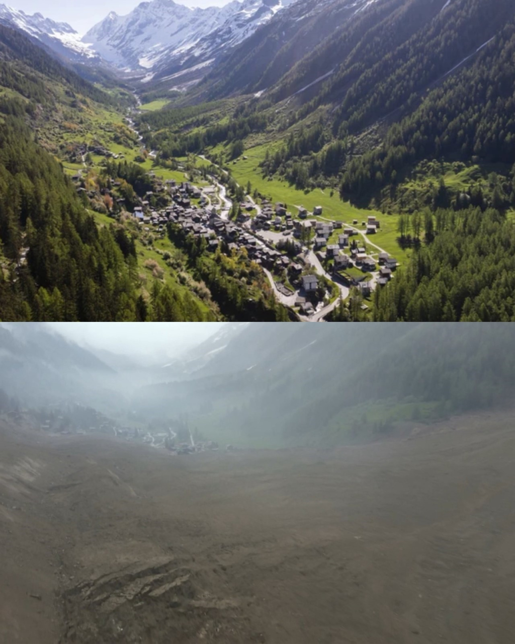 Vesnice Blatten před sesuvem ledovce Birchgletscher (nahoře) a po něm.