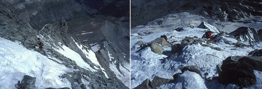 Vlevo: Švýcarská cesta se ve spodní části důsledně drží hřebene Hörnli, pod chatou Solvay vede okrajem východní stěny Matterhornu. Vpravo: Po překonání strmého stupně nad Whymperovým křížem pokračuje švýcarská cesta závěrečným stoupáním okrajem severní stěny až na vrchol.