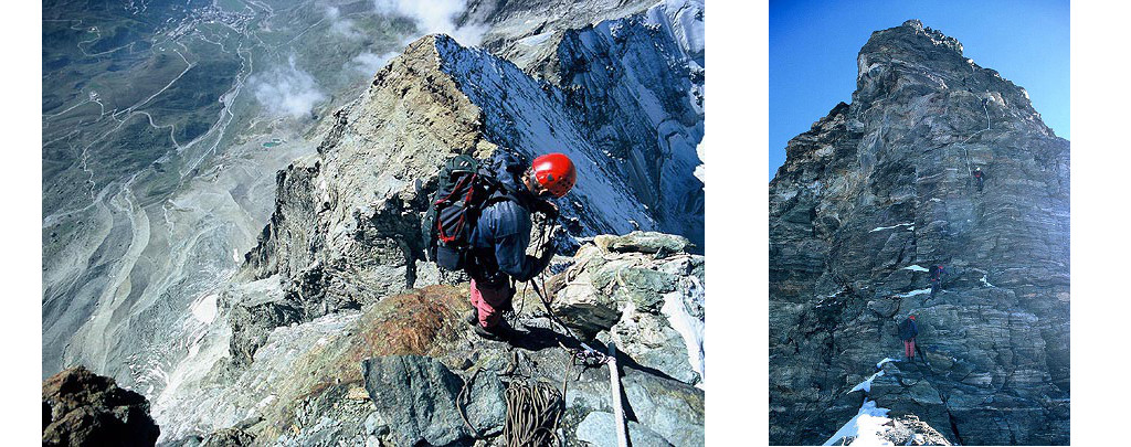 Vlevo: Pic Tyndall při pohledu z vrcholu Matterhornu; jihozápadní hřeben ubíhá vpravo, přilehlou západní stěnu pokrývá led a sníh. Vpravo: Překonání závěrečného úseku výstupu strmou skalní pyramidou Scala Jordan usnadňují fixní lana a provazový žebřík.