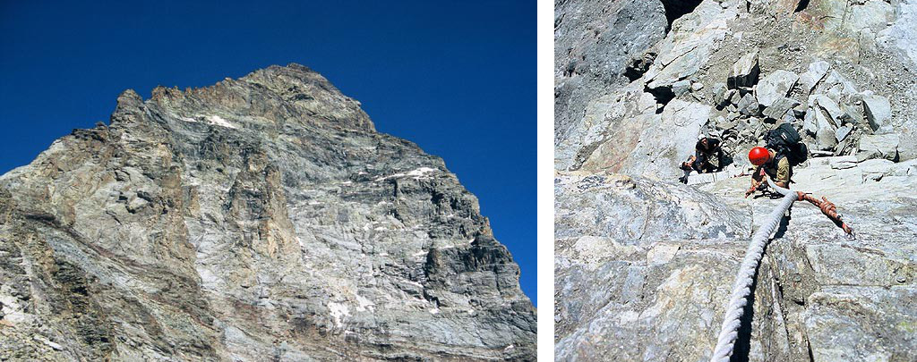 Vlevo: Italská cesta jihozápadním hřebenem (vlevo) vede přes předvrchol Pic Tyndall (4241 m), za kterým zůstává vrcholová pyramida hlavního vrcholu dlouho skryta. Vpravo: První skalní stupeň (la Cheminée), vysoký několik metrů a zajištěný fixními lany, je nutno překonat pod chatou Rifugio Carrel. Strmý výstup na chatu začíná v sedle Colle del Leone (3581 m).