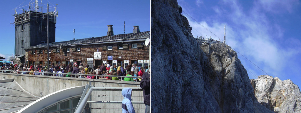 Zugspitze (2962 m). Stavby na vrcholu nejvyšší německé hory.