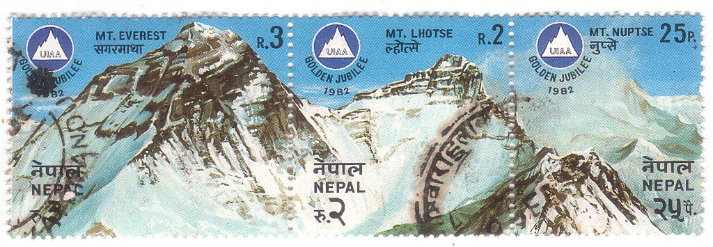 Mount Everest, Lhotse, Nuptse. Poštovní známky Nepálu.