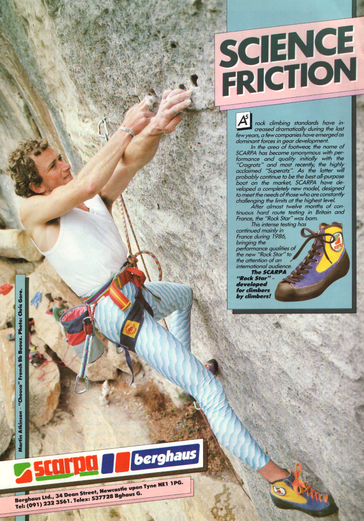 Inzerát na lezečky Scarpa roku 1986.