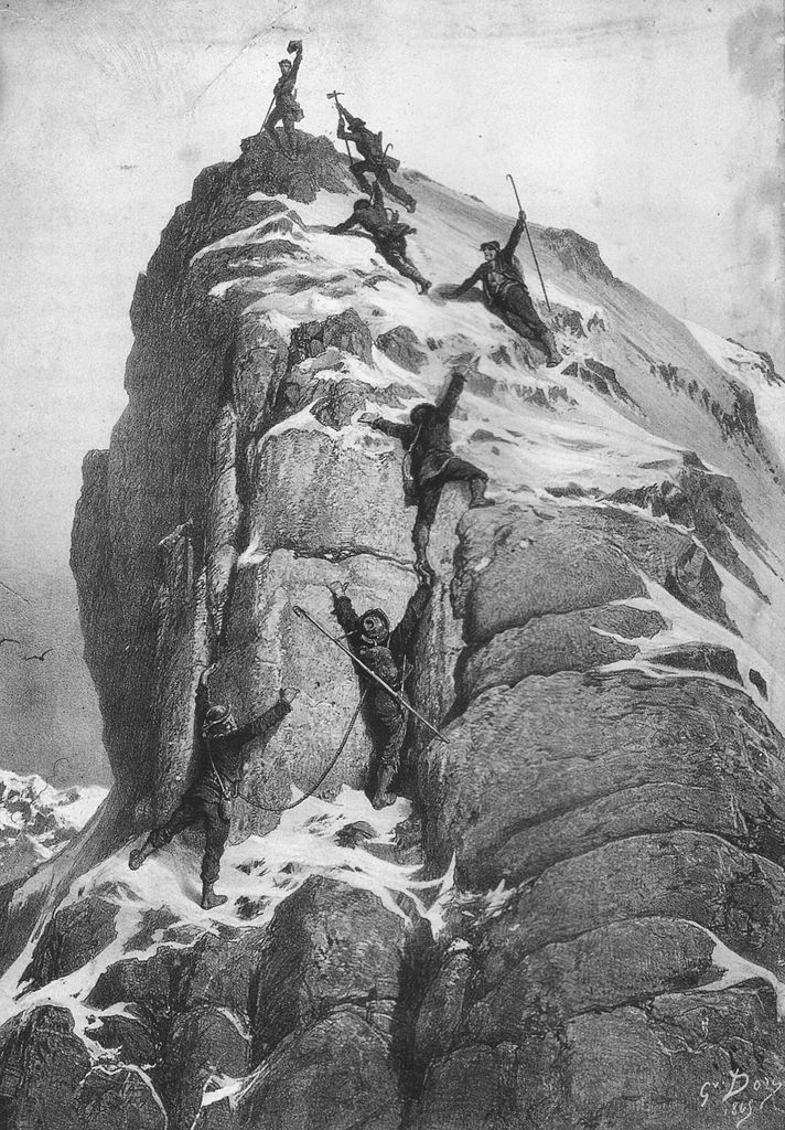 Matterhorn 1865. Edward Whymper překonává Červené skály, dostává se přes Střechu a na vrchol.