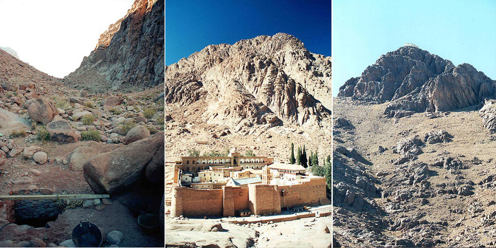 Zleva: Berberská studně na Sinaji, klášter svaté Kateřiny a nad ním Gebel Musa, výstupová cesta na Gebel Katarine.