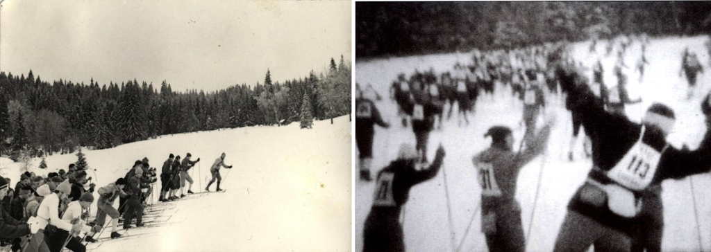 Jizerská 50: Start 1. ročníku 1968 (vlevo) a 3. ročníku 1. února 1970 v Bedřichově u Horolezecké chaty.
