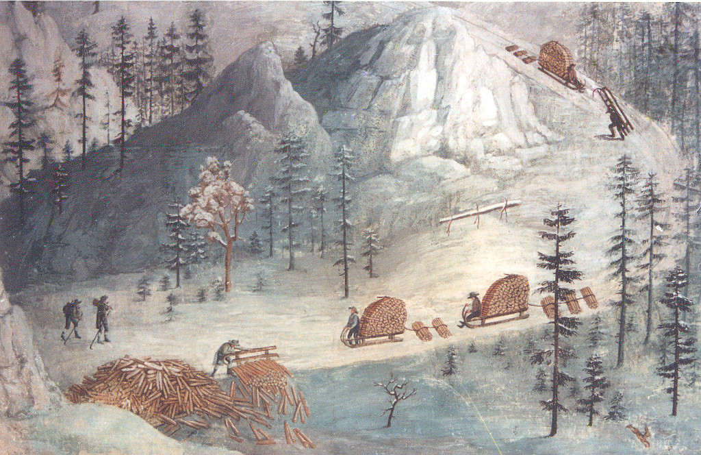 Svážení dřeva na saních před rokem 1830 z úbočí hory Ötscher v Rakousku.