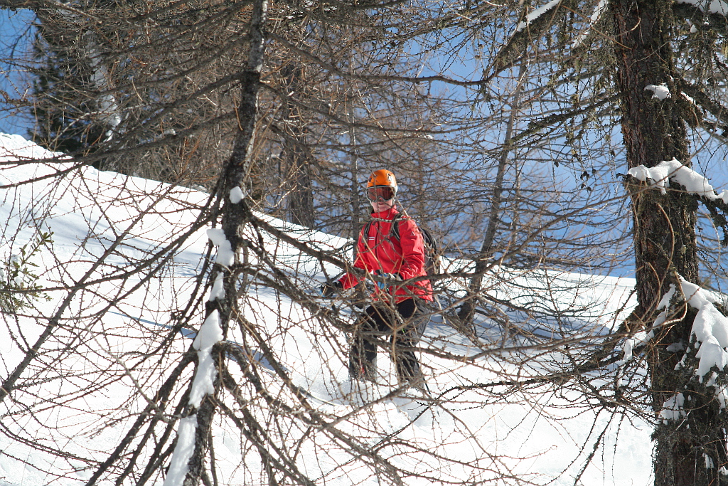 Lyžařka mezi stromy v Marillevě.