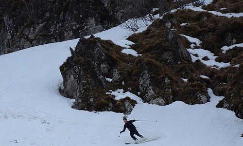 Lyžař jede s kopce, koukaj‘ na něj ovce