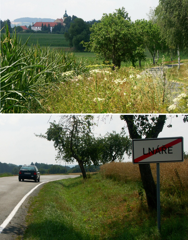 Lnáře od východu (nahoře) a silnice ze Lnářů do Horažďovic (dole).
