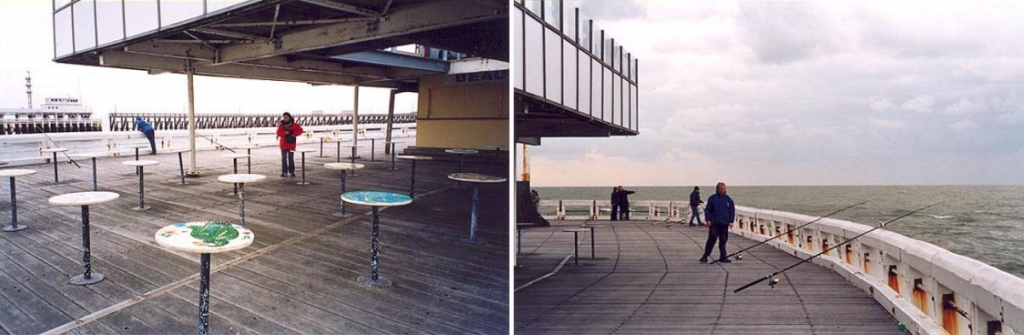 Ostende, rybáři a prázdný bufet na molu.
