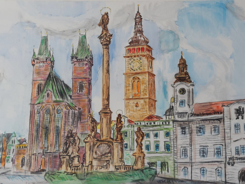 Hradec Králové: katedrála svatého Ducha, Mariánský morový sloup, Bílá věž, stará radnice.