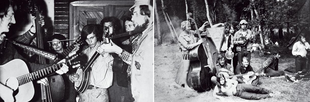 Léto 1971 v Karlových Varech: Vzniká trampská kapela Pekelníci z osady T.O.Z. Fort Hills. Kapelník a šerif Ladislav Frank Nykl se schovává za vlajkou (pravá fotografie) a hraje zcela vpravo (levá fotografie).