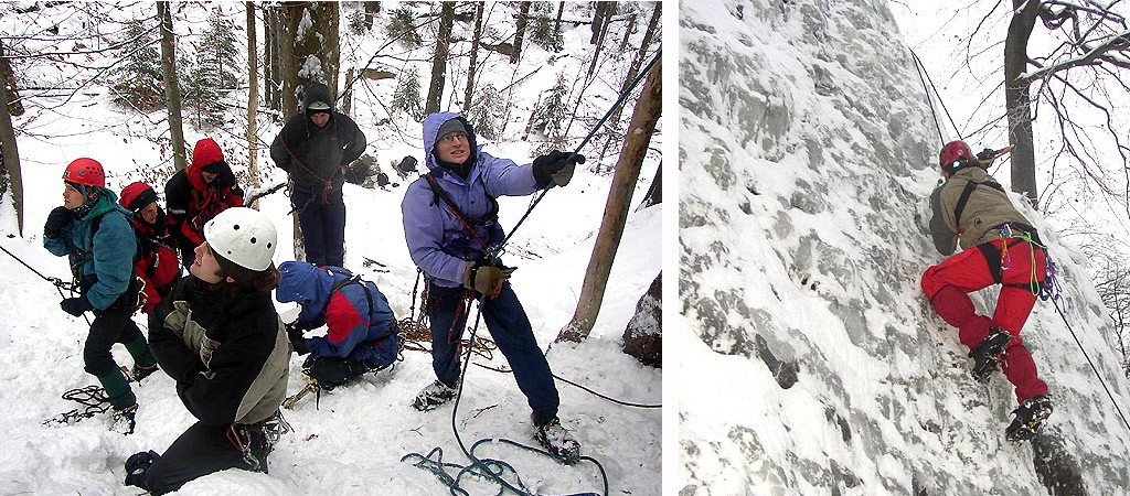 Jističi pod ledopádem.