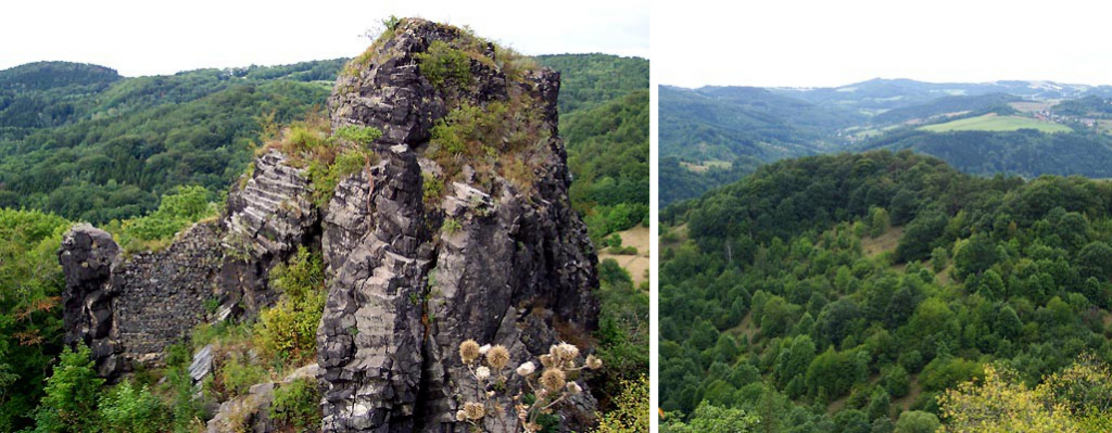 Vrcholové skalisko Vrabinec (vlevo) a pohled na Borek.