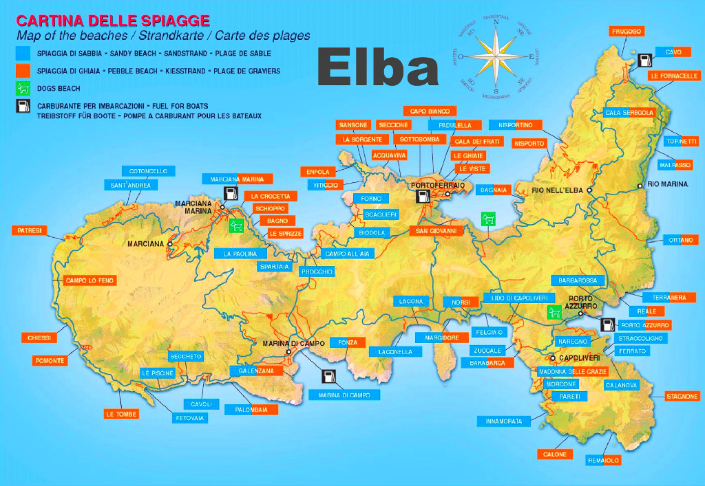 Elba, mapa všech pláží.