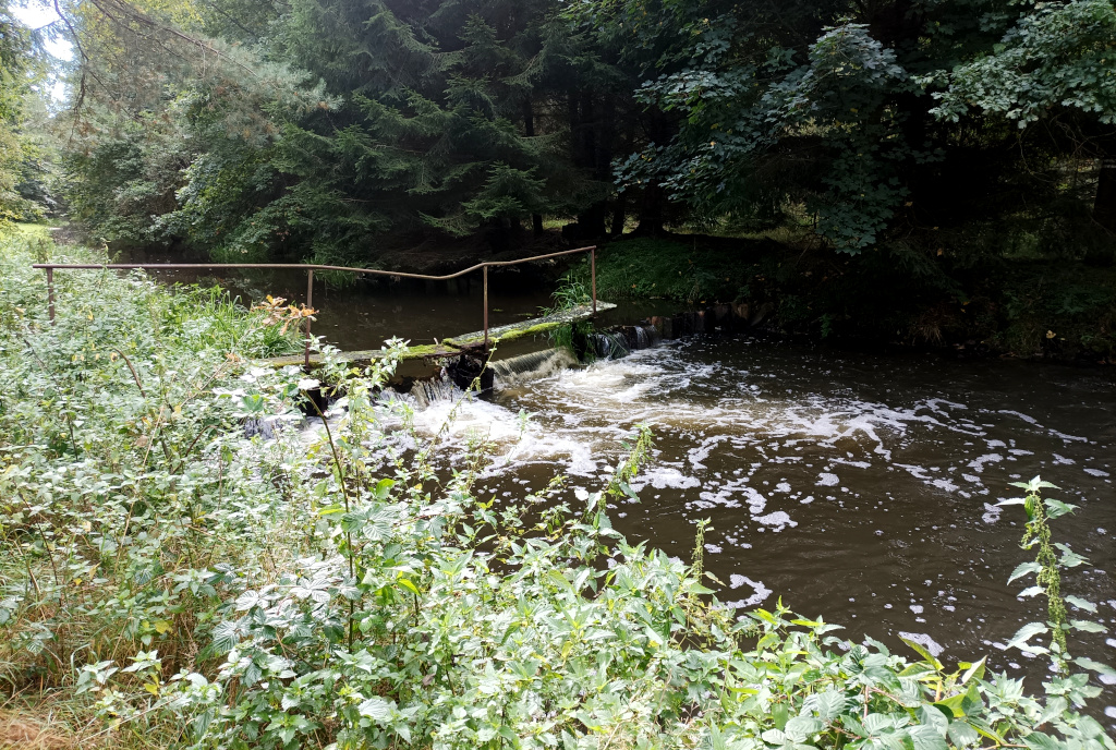 Zlatá stoka. První stupeň za prvním akvaduktem nadržuje vodu pro Mlýnskou stoku. Zlatá stoka. První stupeň za prvním akvaduktem nadržuje vodu pro Mlýnskou stoku.
