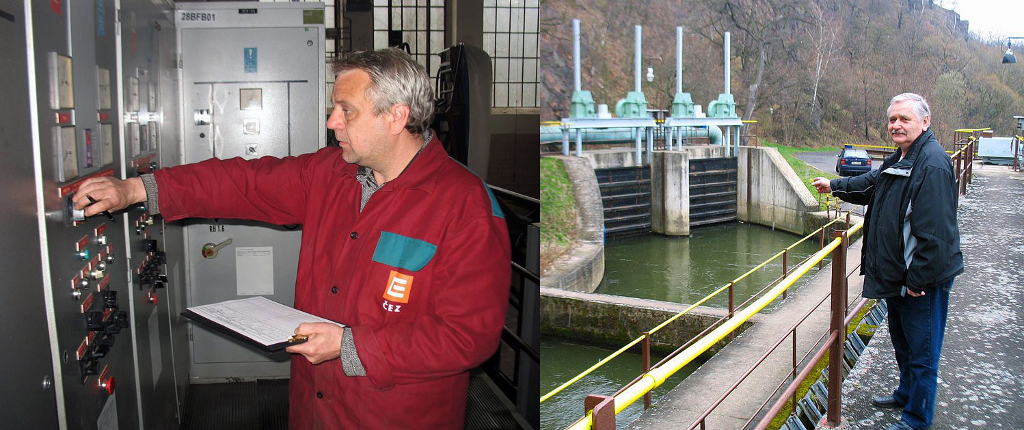 Vodní elektrárna Želina u Kadaně. Stanislav Švancar, strojník neblokových zařízení a zároveň hrázný a jezný, sleduje výkon turbín, teplotu ložisek a celkový stav zařízení.