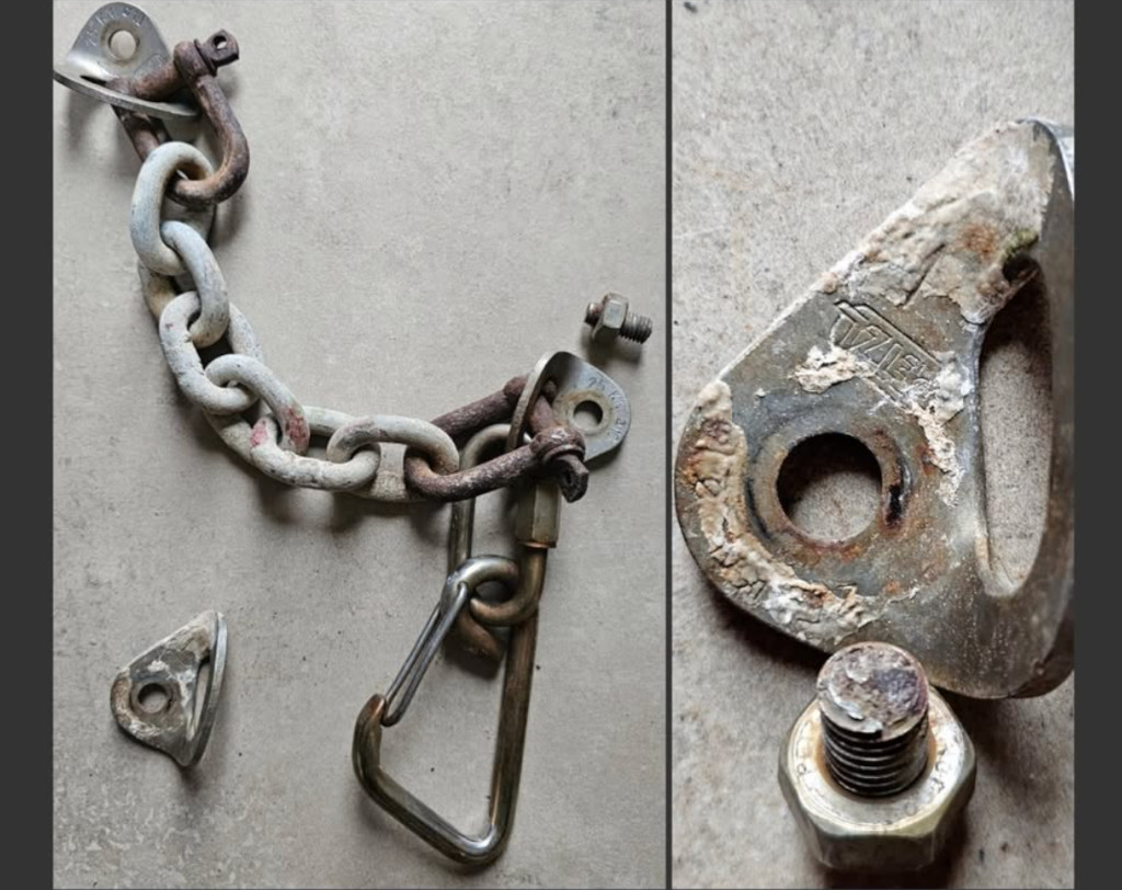 Kalymnos. Fixní jištění selhalo v cestě St. Savvas 7b+ v sektoru Jurassic Park.