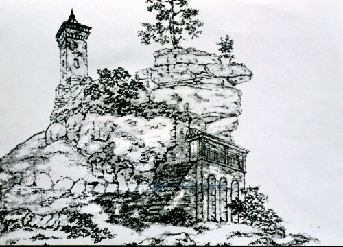 Hradní věž Nejdek roku 1786. Dnes je stržená.